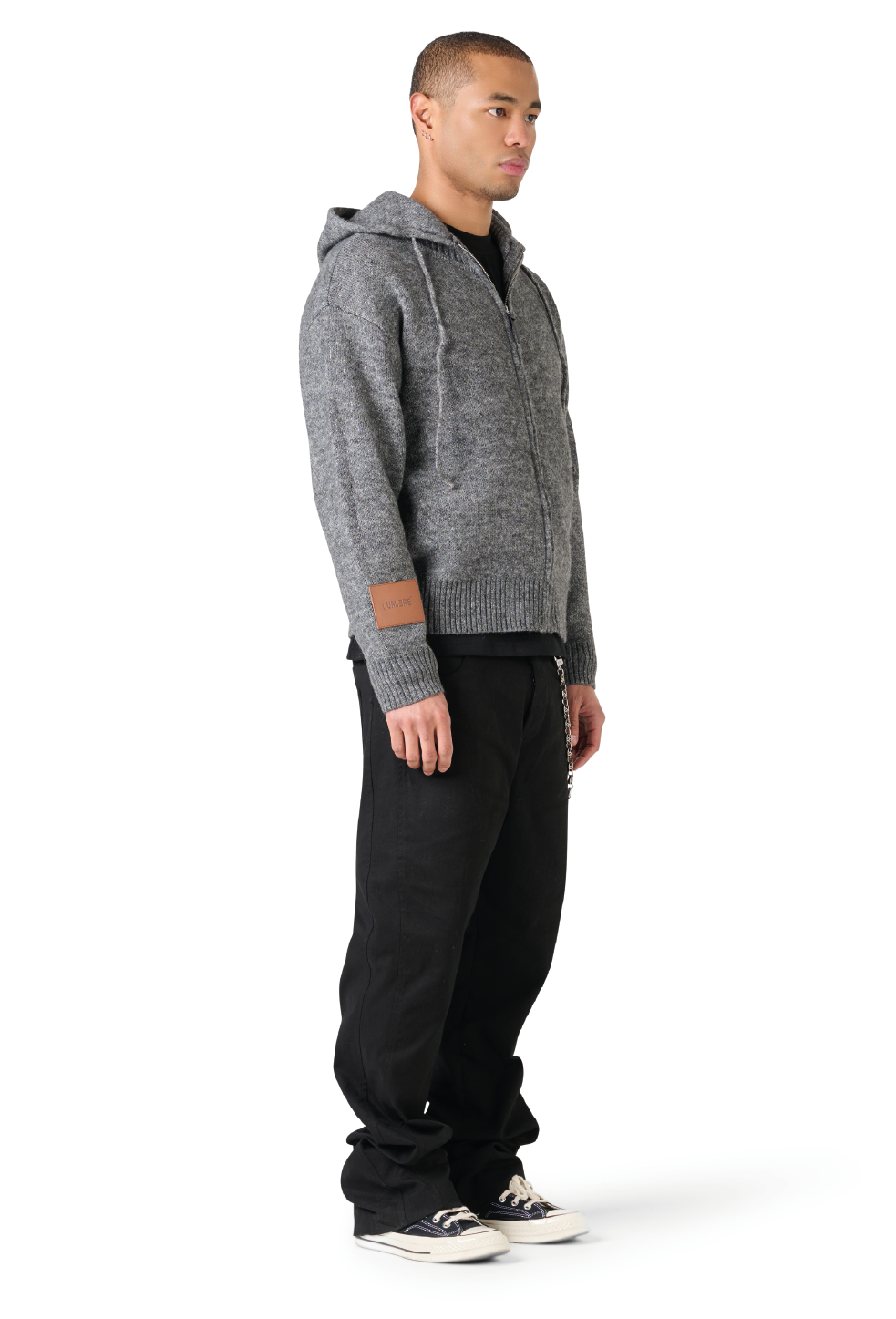 Leather Patch Knitted Hooded Sweater Black-Grey