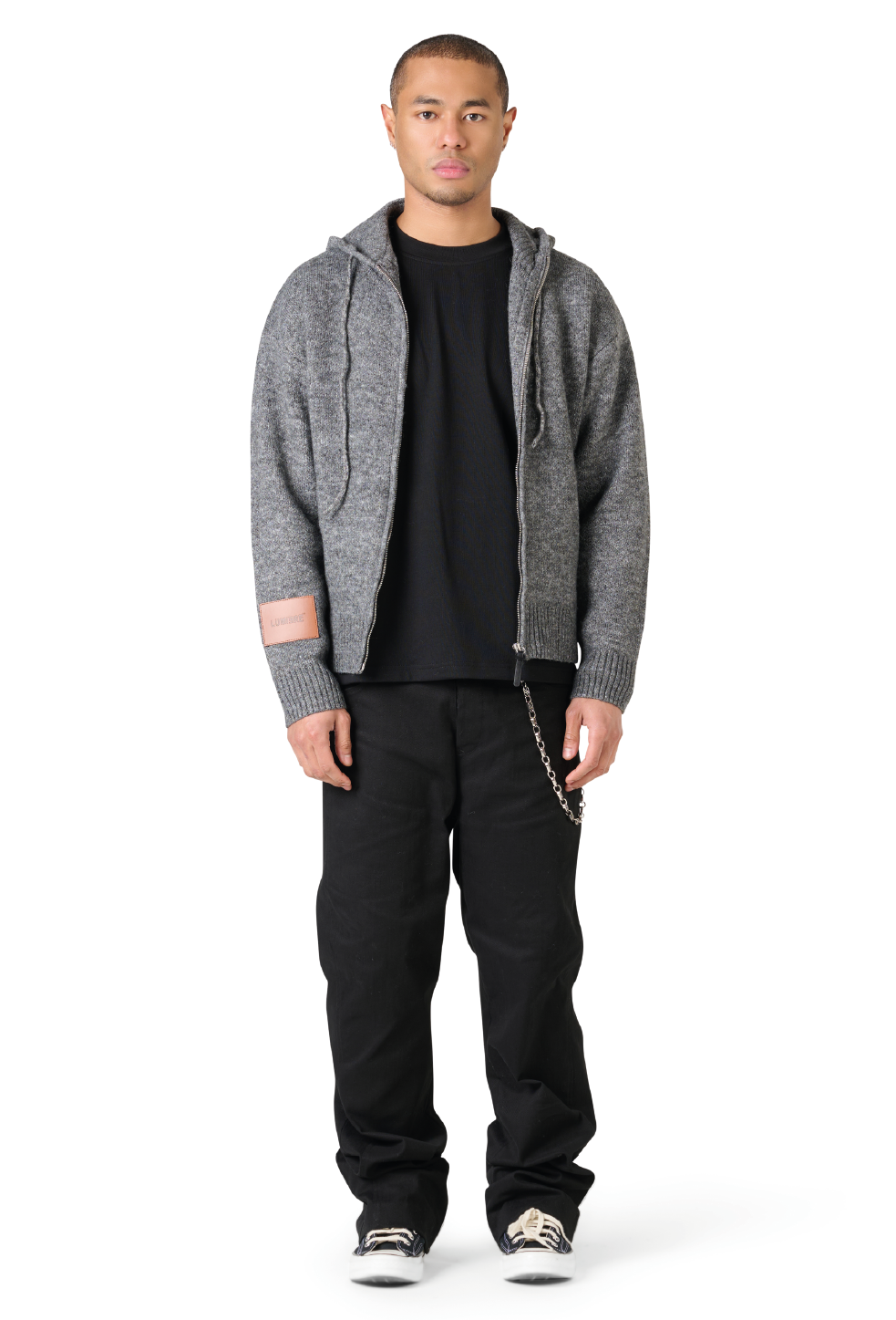 Leather Patch Knitted Hooded Sweater Black-Grey