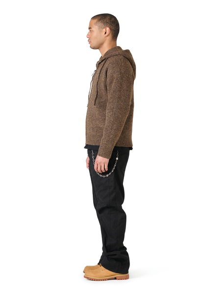 Leather Patch Knitted Hooded Sweater Brown