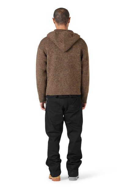 Leather Patch Knitted Hooded Sweater Brown