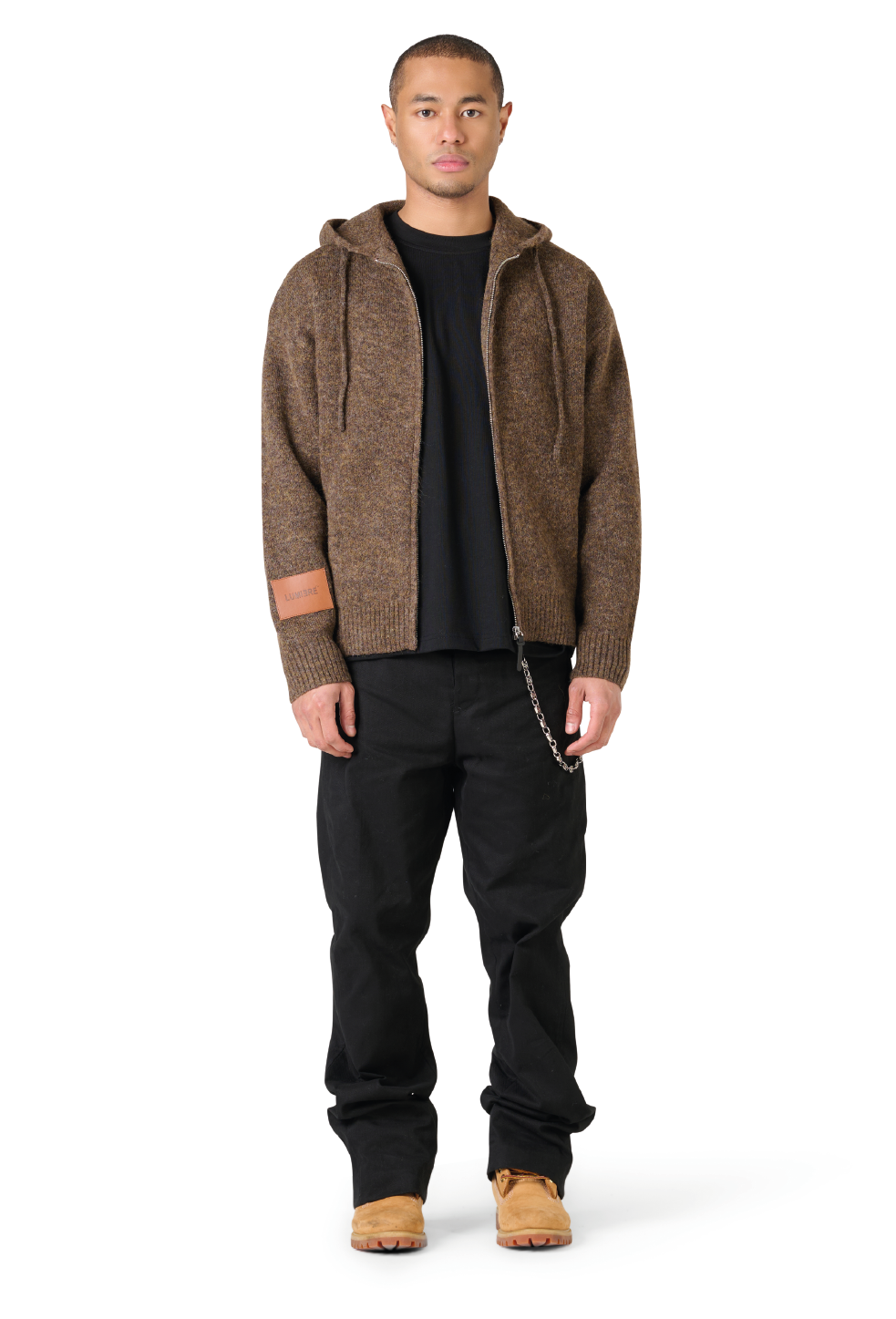 Leather Patch Knitted Hooded Sweater Brown