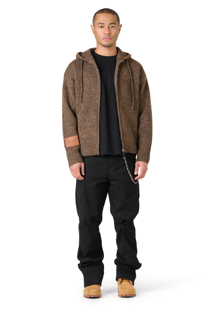 Leather Patch Knitted Hooded Sweater Brown