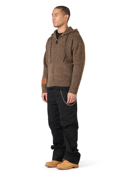 Leather Patch Knitted Hooded Sweater Brown