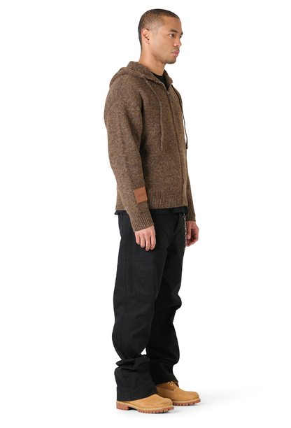 Leather Patch Knitted Hooded Sweater Brown