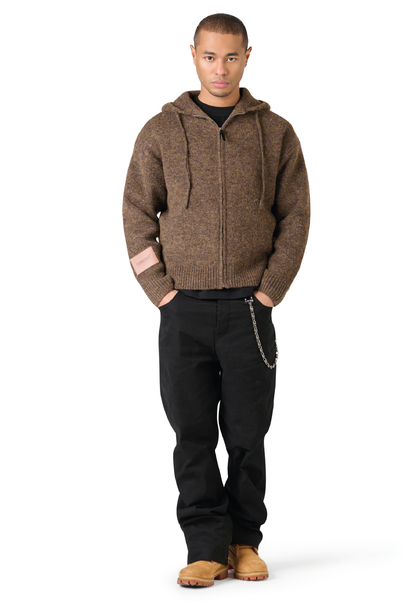 Leather Patch Knitted Hooded Sweater Brown