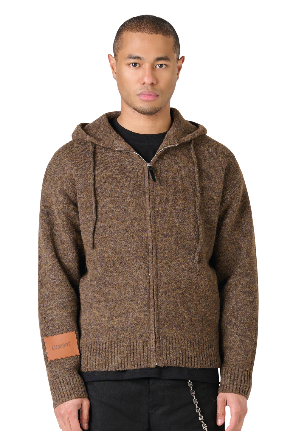 Leather Patch Knitted Hooded Sweater Brown
