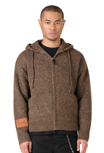 Leather Patch Knitted Hooded Sweater Brown