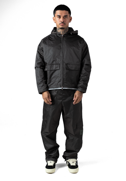 Leather Patch Nylon Zipper Jacket Dark Grey