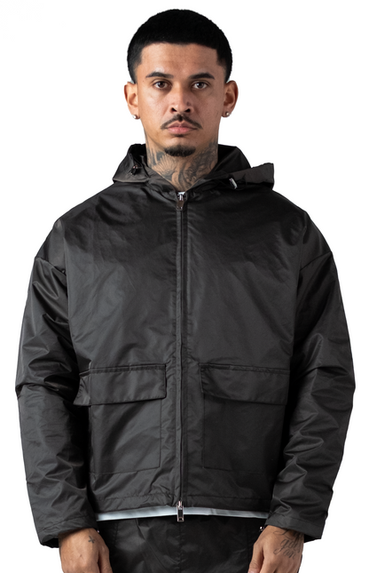 Leather Patch Nylon Zipper Jacket Dark Grey