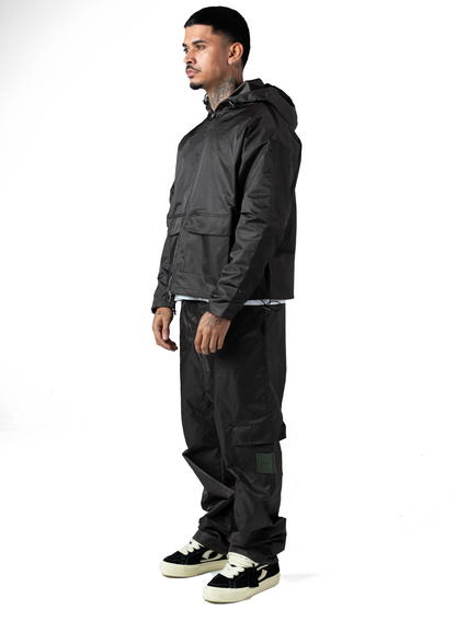Leather Patch Nylon Zipper Jacket Dark Grey