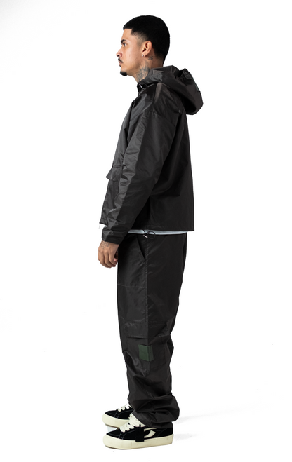 Leather Patch Nylon Zipper Jacket Dark Grey