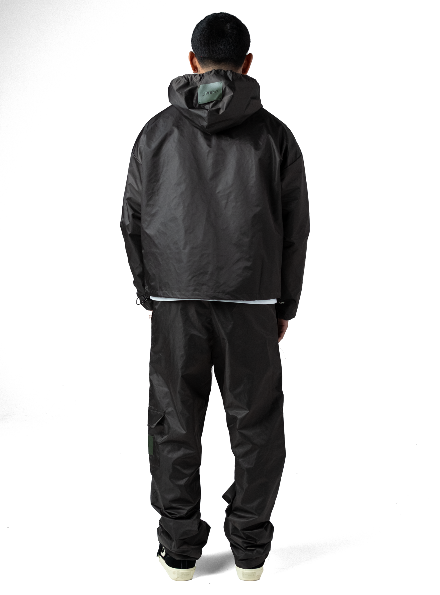 Leather Patch Nylon Zipper Jacket Dark Grey