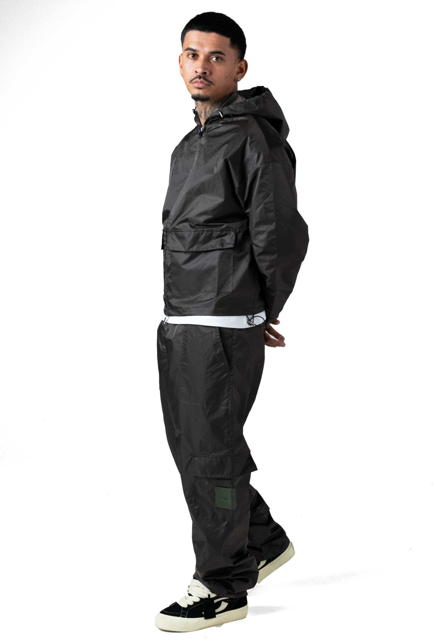 Leather Patch Nylon Zipper Jacket Dark Grey