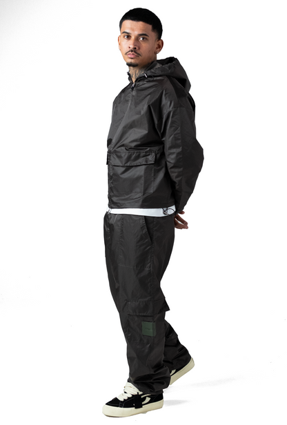 Leather Patch Nylon Zipper Jacket Dark Grey
